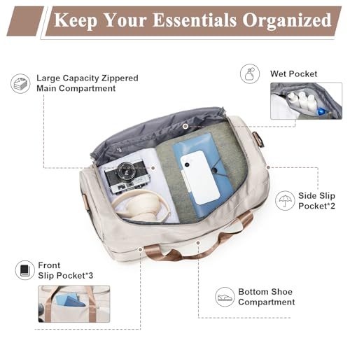 Large Travel Duffle Bag,Carry-on Overnight Weekender Bags for Women - color: Beige & Brown with Toiletry Bag