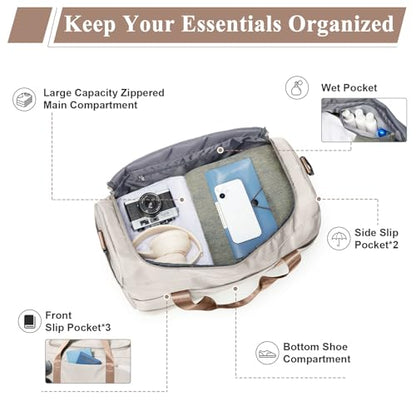 Large Travel Duffle Bag,Carry-on Overnight Weekender Bags for Women - color: Beige & Brown with Toiletry Bag