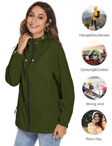 TCOT Womens Rain Jackets Waterproof Windbreaker Jackets lightweight Portable Rain Coat - color: Army Green, size: 3X-Large