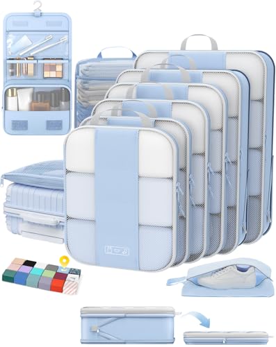 OlarHike 10 Set Compression Packing Cubes for Travel Essentials,Compressible Expandable Space Saver Bags for Organizing Clothes,Luggage Suitcase Garment Bags with Over 1000 pcs Mesh Holes(Light Blue) - color: Light Blue