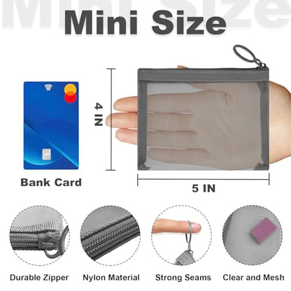 Mini Mesh Pouches (4 Pack), Small Mesh Bags with Zipper Nylon Makeup Pouches Bag Cosmetic Pouch Travel Purse Organizer Insert Diaper Inside Bag Organizers Home Organizing Size See Through Cute Gray - size: 4 Pack Mini Gray