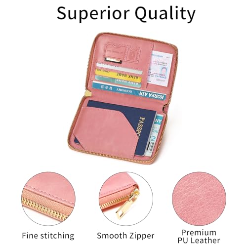 Travel Passport Wallet RFID Blocking Passport Holder-Women and Men with Zippered Ladies Passport Cover - color: H-Light Pink