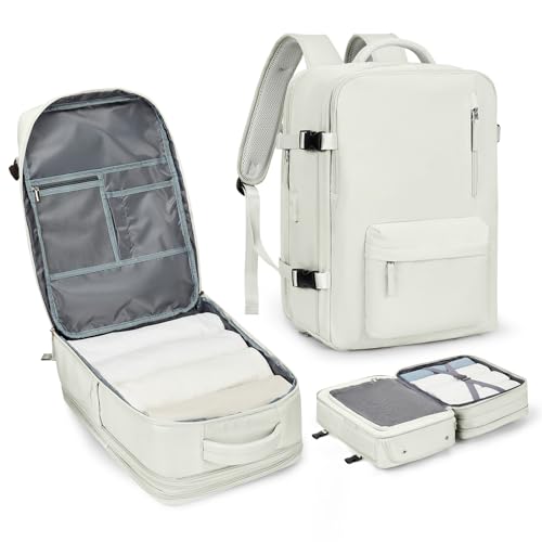 WONHOX Large Travel Laptop Backpack Expandable Flight Approved Backpack Carry on Backpack for Women Men Waterproof 17inch Laptop Daypack Hiking Work Backpack with Shoe Compartment Moon White - color: A11-off-white