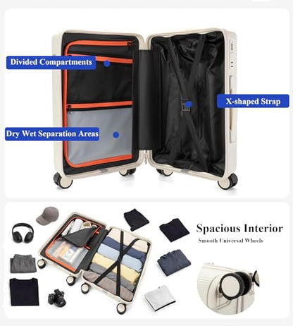 feilario Hardside Carry On Luggage, 70/30 Deep Compartment Design - color: White