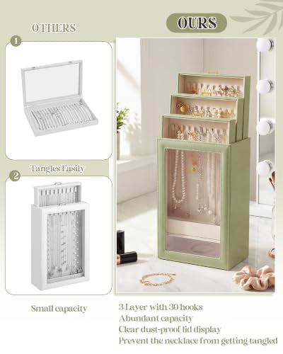 Huquary 3 Layer Vertical Necklace Organizer Box, Light Green - color: Light Green