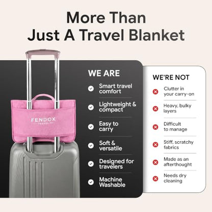 2-in-1 Travel Blanket and Pillow – Lightweight, Compact, Ultra Soft, Machine Washable – Handle, Luggage Sleeve, Backpack Clip – for Trave Airplane, Car, Office (light pink) - color: Light Pink