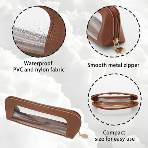 Brown Clear Makeup Bag, PU Leather Travel Makeup Brush Holder - color: Brown