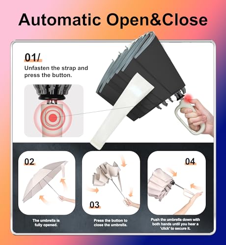 QWB Inverted Umbrella with Auto Open Close Windproof Compact Travel - color: UV-Beige, size: 46 IN
