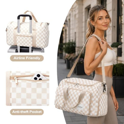 WOOMADA Foldable Travel Duffel Bag for Women, Weekender Bags with Shoes Compartment,Overnight Bag with Wet Pocket & Trolley Sleeve(beige checkerboard) - color: beige checkboard