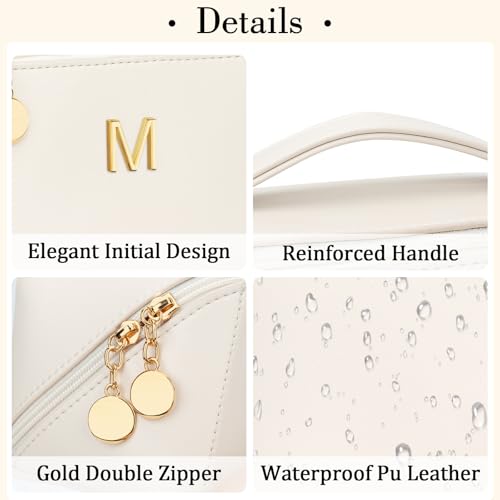 Gifts for Women Bridesmaid Initial Makeup Bag | Personalized PU Leather Cosmetic Waterproof Travel Toiletry Bag (Large-Beige-M) - color: LargeBeige, style: M