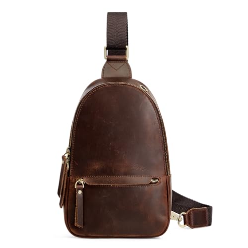S-ZONE Leather Sling Bags for Women Men Fanny Packs Chest Bag RFID Blocking - color: Dark Brown