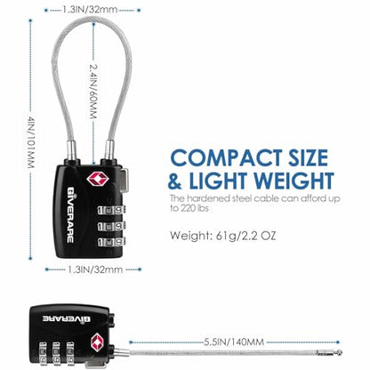 2 Pack TSA Approved Travel Luggage Locks, Long Cable Combination Lock Alloy, Metal Keyless 3-Digit Padlocks, Weatherproof TSA Accepted Padlock for Toolbox Gym Locker Golf Bag Case Backpack-Black - color: Black