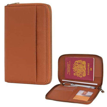 Leather Zipper Passport Wallet Holder Travel Essentials with RFID Blocking - color: Brown