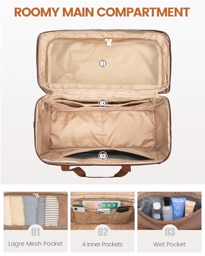 LOVEVOOK Travel Duffle Bag - Weekender & Overnight Bag with Toiletry & Wet Pocket, Carry-On Size, 3pc Set - color: Beige-Brown, size: Extra Large
