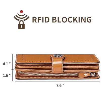 SENDEFN Wallets for Women Leather Credit Card Holder with RFID Blocking Large Capacity Wristlet - color: 1-Wax-Brown-1