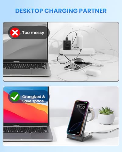 Wireless Charger Magnetic for Apple Devices - JoyGeek 3 in 1 Foldable Charging Station for Magsafe Compatible with iPhone 16 15 14 13 12 Pro Max Plus, Apple Watch 10 9 8 7 6 5 4 SE, AirPods 4/3/2/Pro - color: Dull Black