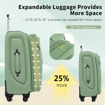 Merax Softside Luggage Set 4 Piece,18/22/26/30 Expand Suitcase,Light Green - color: Light Green-18/22/26/30