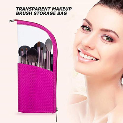 Travel Make-up Brush Holder Organizer Bag，Clear Plastic&Oxford Cosmetic Zippered Case，Portable Waterproof Stand-Up Makeup Brush Pouch (rose red) - color: rose red