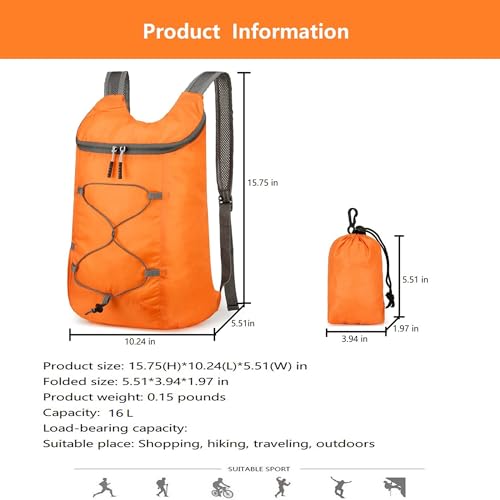 levayhill 16L Foldable Hiking Backpack,Small Packable Daypack,Orange - color: Orange