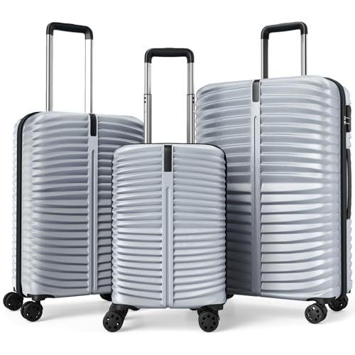 GYMAX Luggage Sets 3 Pieces Hardside Suitcase with Spinner Wheels & Lock, 20” Carry On, 24” & 28” Checked Luggage Set, Lightweight Portable for Travel, Business (Grey,Pin Stripe) - color: Grey, style: Pin Stripe