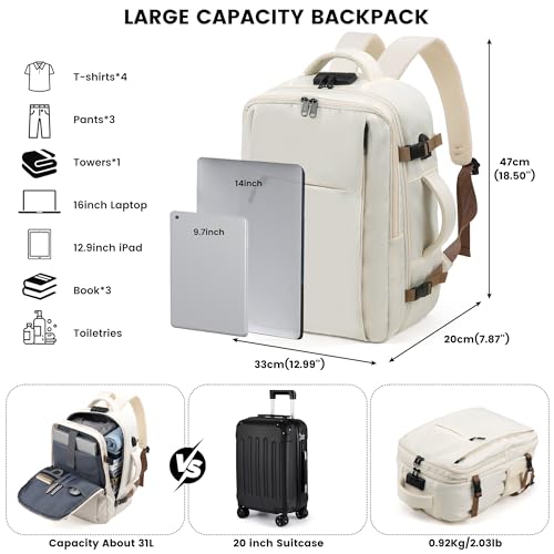 TANTOMI Travel Backpack for Women, Laptop Bag，31L Carry on Backpack - color: Cream White, size: X-Large
