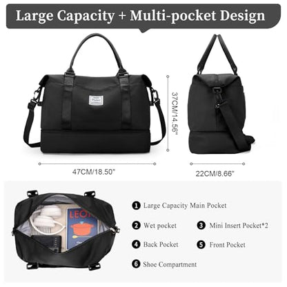 Weekender Bags for Women, Personal Item Travel Bag with Shoes Compartment - color: Black, size: Large