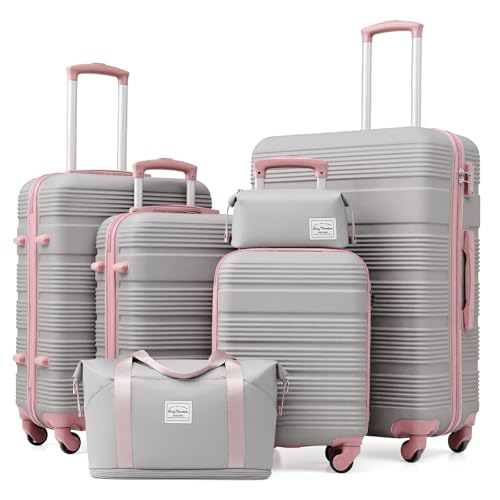 LONG VACATION Luggage Sets with Spinner Wheels, Suitcase Set 6 Piece - color: GREY-PINK, size: 6 piece set