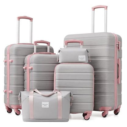 LONG VACATION Luggage Sets with Spinner Wheels, Suitcase Set 6 Piece - color: GREY-PINK, size: 6 piece set