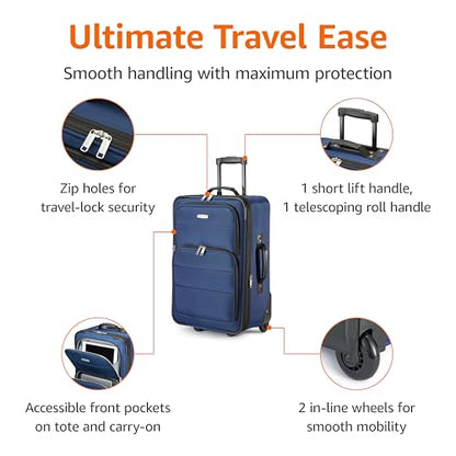 Amazon Basics Softside Luggage Set, 23-Inch Expandable Suitcase with Wheels and 15-Inch Tote, Extra Space (+15%), Front Pockets, Telescopic Handle, Navy Blue - color: Navy Blue