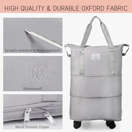 VOOWO Rolling Duffle Bag, Expandable Foldable Carry On Luggage with Wheels, Large Weekend Bag (Grey) - color: Grey