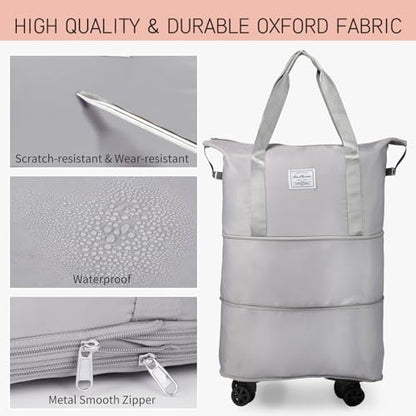 VOOWO Rolling Duffle Bag, Expandable Foldable Carry On Luggage with Wheels, Large Weekend Bag (Grey) - color: Grey