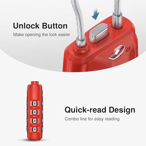Puroma 2 Pack TSA Approved Luggage Locks 4 Digit Code Cable Lock Red | Resettable, Flexible Cable, Zipper holes, Zinc Alloy, Bright Color, Large White Numbers, Suitcase Train Travel, laptop bag - color: Basic Red