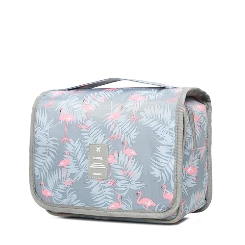 Sechunk Waterproof Travel Toiletry Bags Hanging Multi-function Cosmetic Bag Makeup Bag for Women - color: greyFlamingo