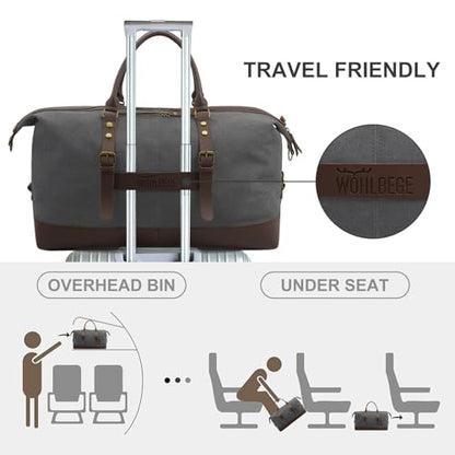 55L Canvas Duffle Bag for Men, Carry On Travel Weekender Overnight Bag - color: Grey