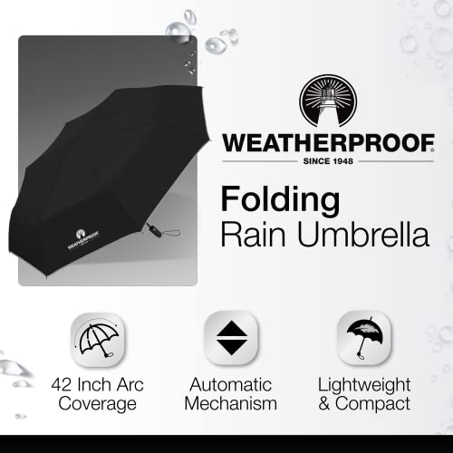 Weatherproof Automatic Rain Umbrella, Compact, Lightweight for Travel, Full 42 Inch Arc, Black