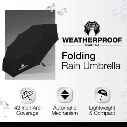 Weatherproof Automatic Rain Umbrella, Compact, Lightweight for Travel, Full 42 Inch Arc, Black