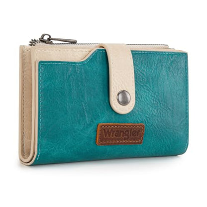 Wrangler Wallet for Women Bifold Card Holder with Zipper and ID Window - color: Tan-Turquoise