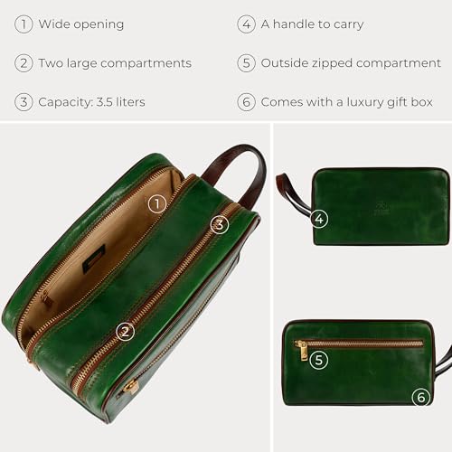 Time Resistance Leather Cosmetic Bag - Italian Toiletry Dopp Kit (Green) - color: Green