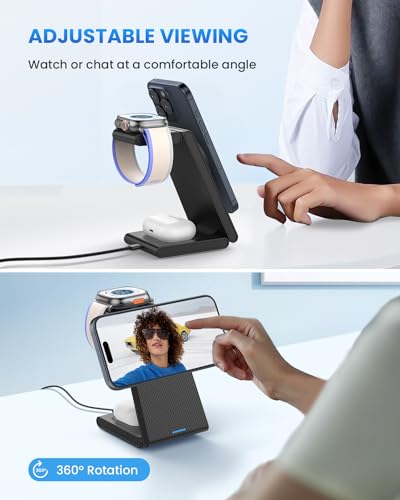 Wireless Charger Magnetic for Apple Devices - JoyGeek 3 in 1 Foldable Charging Station for Magsafe Compatible with iPhone 16 15 14 13 12 Pro Max Plus, Apple Watch 10 9 8 7 6 5 4 SE, AirPods 4/3/2/Pro - color: Dull Black