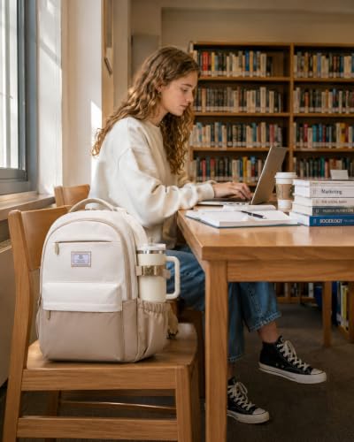 LOVEVOOK Laptop Backpack for Women & Teens, College Bag/40oz Cup Buckle - color: Khaki/Cream, size: 15.6inch