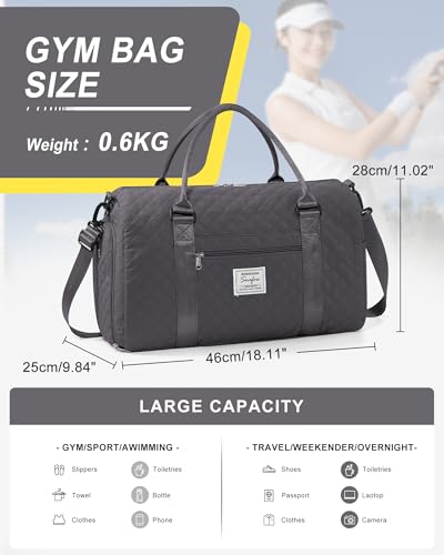 Gym Duffle Bag for Women with Shoe Compartment Waterproof Travel Tote Bags Personal Item Carry On Weekender Overnight Bags with Toiletry Bag Swimming Yoga Bags Hospital Holdalls Black Grey - color: C3-Grid-Back Grey