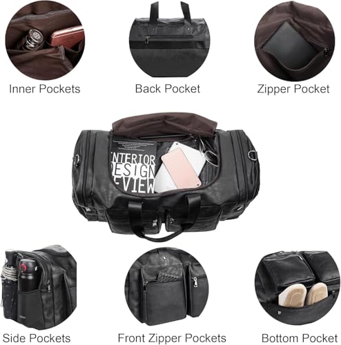 Travel Bag with Shoe Pouch,Weekender Overnight Bag Leather Large Carry On Bag - color: Black