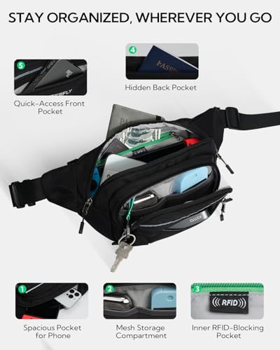 WATERFLY 3.5L RFID Fanny Pack: Anti-Theft 12" Extender Belt for Travel - color: Black