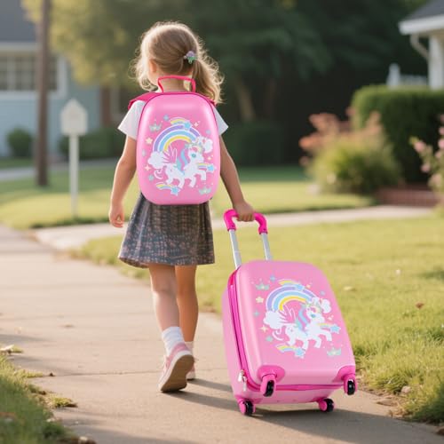 GYMAX Kids Carry On Luggage Set, 12" & 16" 2PCS Rolling Suitcase - color: Crown Pony