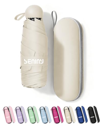 Seniny Mini Travel Umbrella with Case, Compact Pocket Size UV Sun & Rain - color: Beige