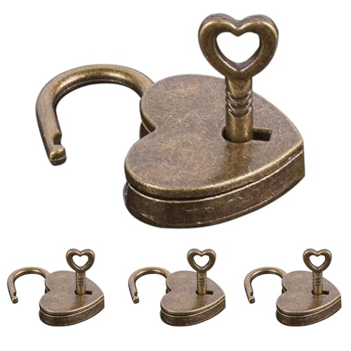 4 Pcs Lock Antique Brass Padlock with Key, Vintage Heart Shape Anti-Theft Mini Padlock Bag Travel Suitcase Luggage Box Case Key Keyed Padlocks Padlocks Hasps