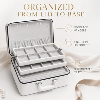 Oirlv Large 3-Layer Jewelry Travel Case with Removable Trays, White | Three Removable Trays,Necklace Hooks and a Pocket Create a Complete System for Home,Travel and Jewelry Display - color: White