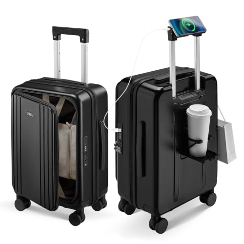 Carry On Luggage with Top Opening, Expandable with Cup Holder and USB Charging Port, Hard Shell Suitcases with Spinner Wheels, Phone Mount, Side Hooks (Black, 20inch（EXT）) - color: Black