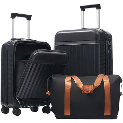 Merax Luggage Sets Front Opening,2 Piece Hardshell Suitcase with Bag - color: Black+bag, style: 2-piece Set