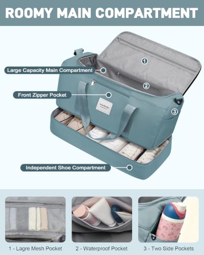 WOOMADA Extra Large Travel Duffle Bag with Shoes Compartment, Women Weekend Carry On Overnight Bag with Detachable Crossbody Bag for Travel, Business, Sports & Hospital(teal) - color: Teal